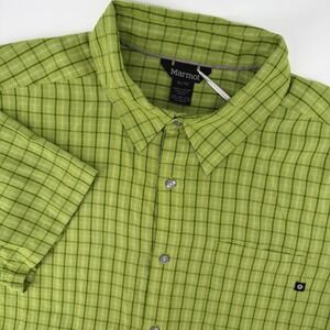Marmot Mens XL Short Sleeve Button Down Shirt Lime Green Plaid Technical Hiking